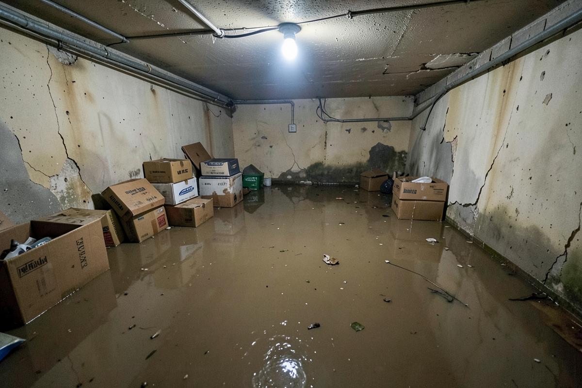 Flooded Little Rock basement with standing water and saturated storage