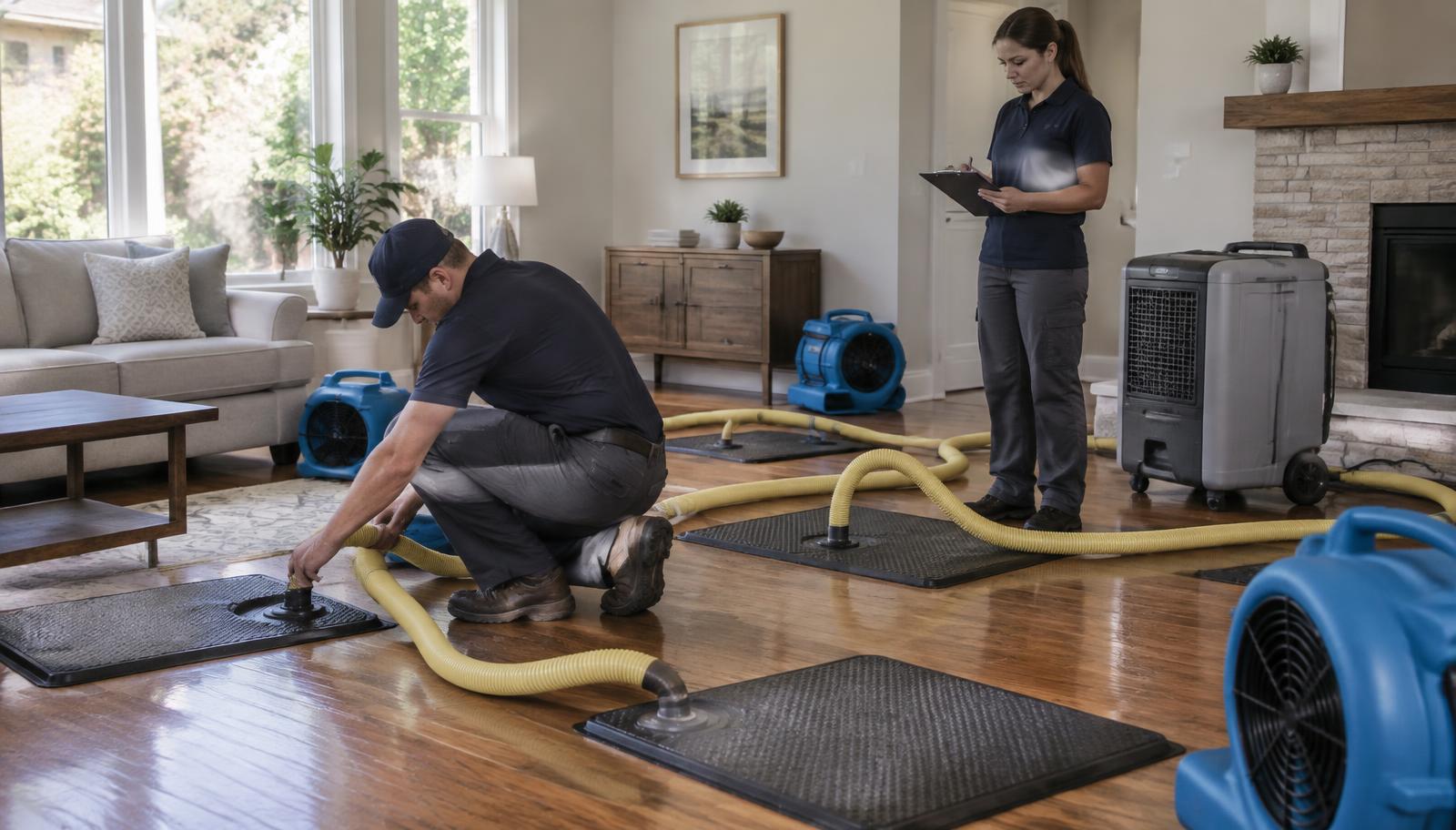 Technicians use specialty drying equipment to remove hidden moisture from hardwood flooring in a Little Rock-area home.