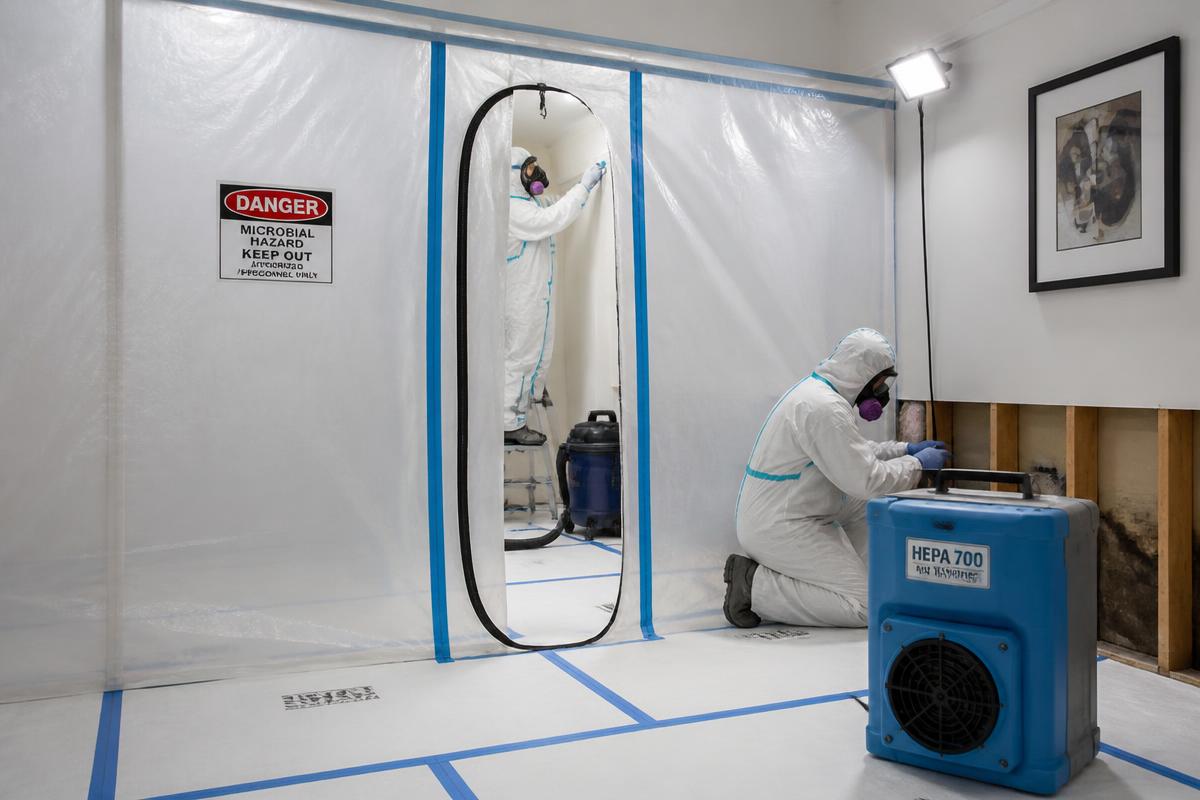 Containment barrier, HEPA filtration, and controlled removal of affected drywall