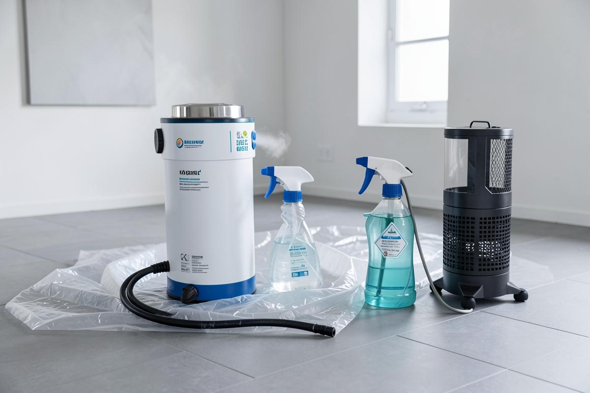 Containment sheeting, antimicrobial sprayer, and air scrubber staged on site